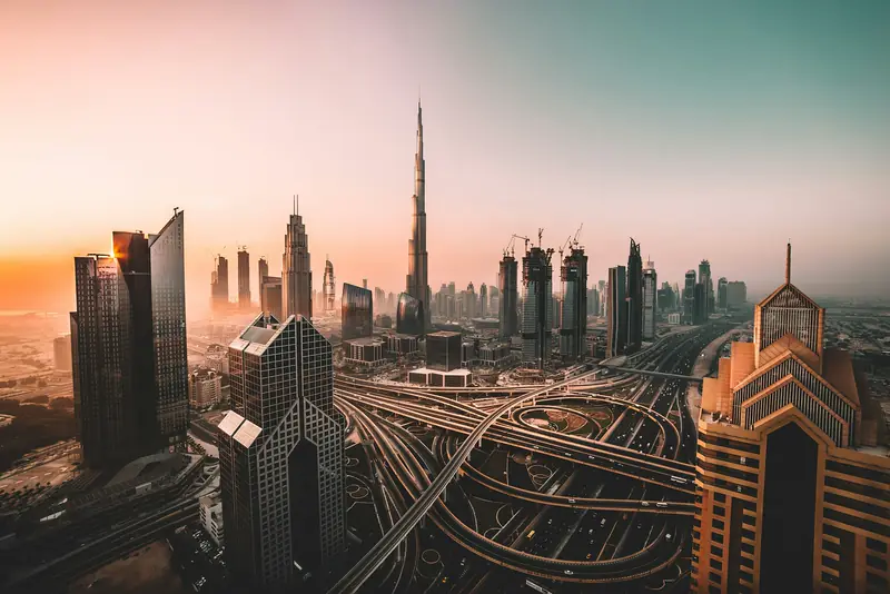 The Dubai skyline and the Burj Khalifa at dusk